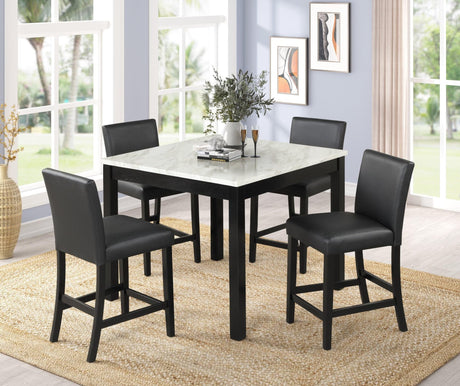 Dior Black PU Industrial Wood And Veneers Faux Marble Top Pub Table + 4 Faux Leather Chair Dining Set - Ella Furniture