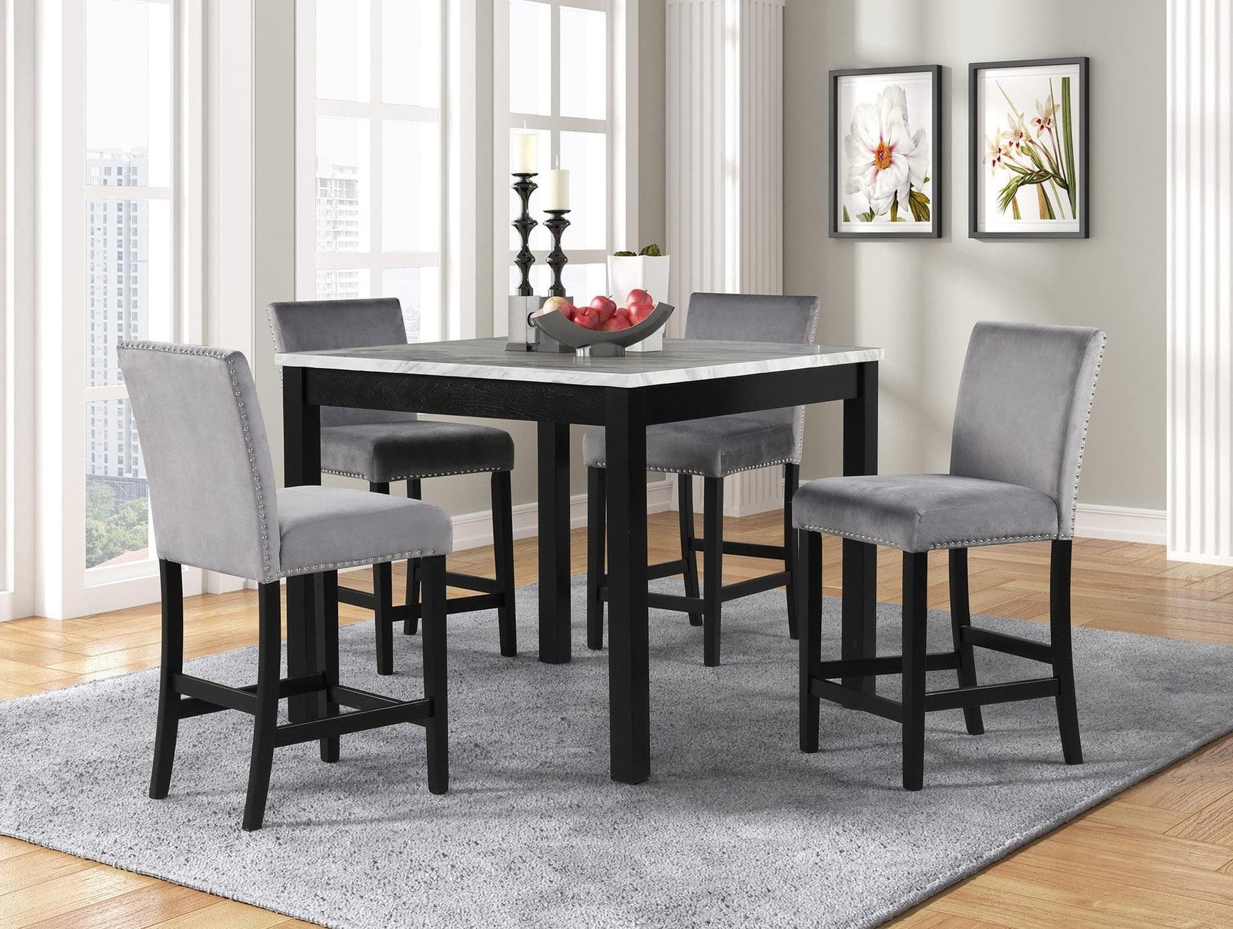 Dior Gray PU Industrial Wood And Veneers Velvet Marble Top Pub Table + 4 Velvet Chair Dining Set - Ella Furniture