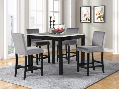 Dior Gray PU Industrial Wood And Veneers Velvet Marble Top Pub Table + 4 Velvet Chair Dining Set - Ella Furniture