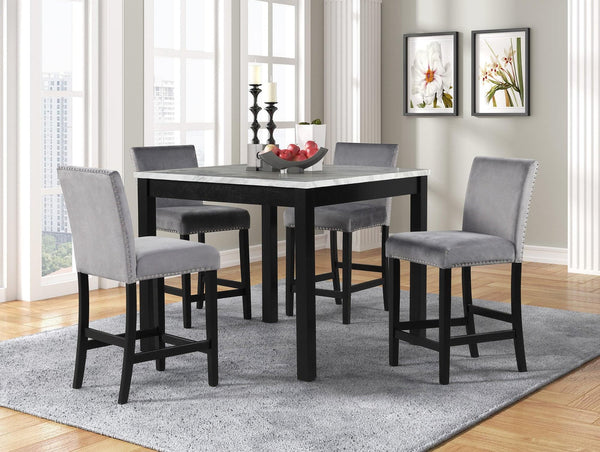 Dior Gray PU Industrial Wood And Veneers Velvet Marble Top Pub Table + 4 Velvet Chair Dining Set - Ella Furniture