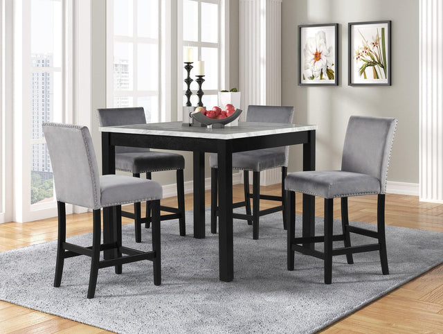 Dior Gray PU Industrial Wood And Veneers Velvet Marble Top Pub Table + 4 Velvet Chair Dining Set - Ella Furniture