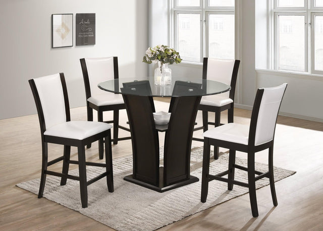 Orlando White Modern Solid Wood And Round Glass Pub Table + 4 Faux Leather Chair Dining Set - Ella Furniture
