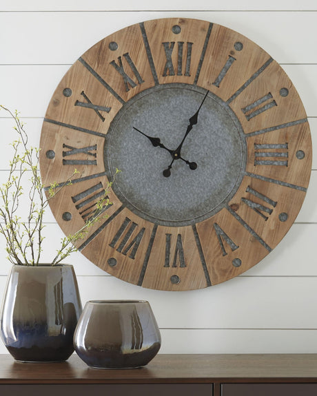 Front view of Payson 31 inch rustic industrial farmhouse wall clock in antique gray and natural wood