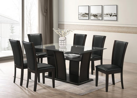Florida Dark Espresso Modern Solid Wood And Rectangular Glass Dining Table + 6 Black Faux Leather Chair Set - Ella Furniture