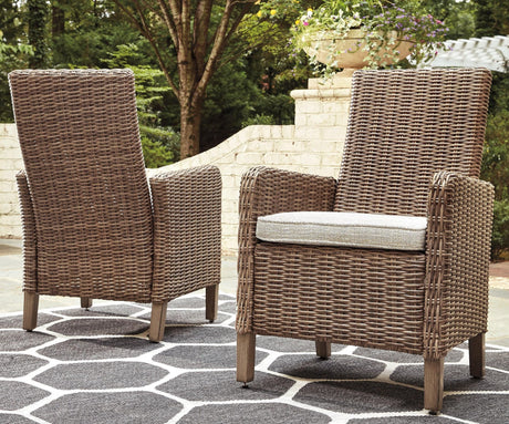Beachcroft Beige Outdoor Arm Chair with Cushions front angled view