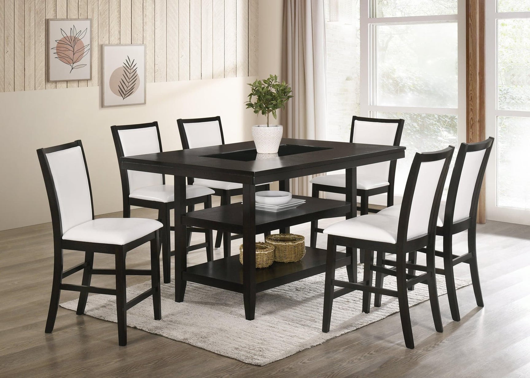 Condor White Modern Solid Wood Faux Leather Counter Height Dining Table & 6 Chairs Set - Ella Furniture