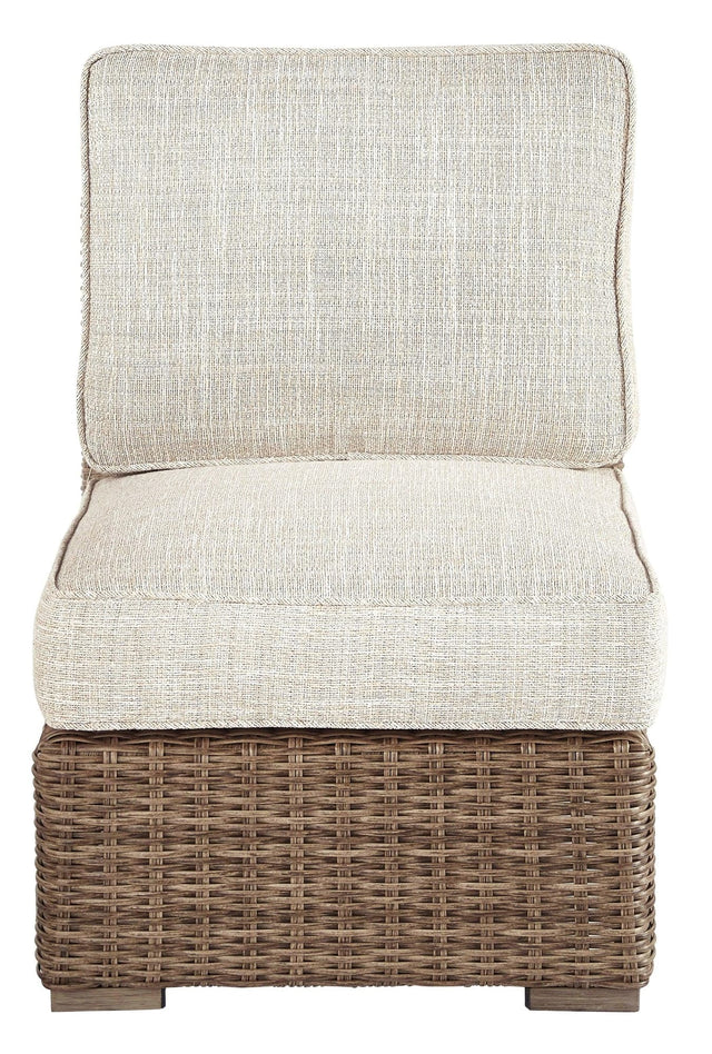 Beachcroft Beige Armless Outdoor Lounge Chair front angle