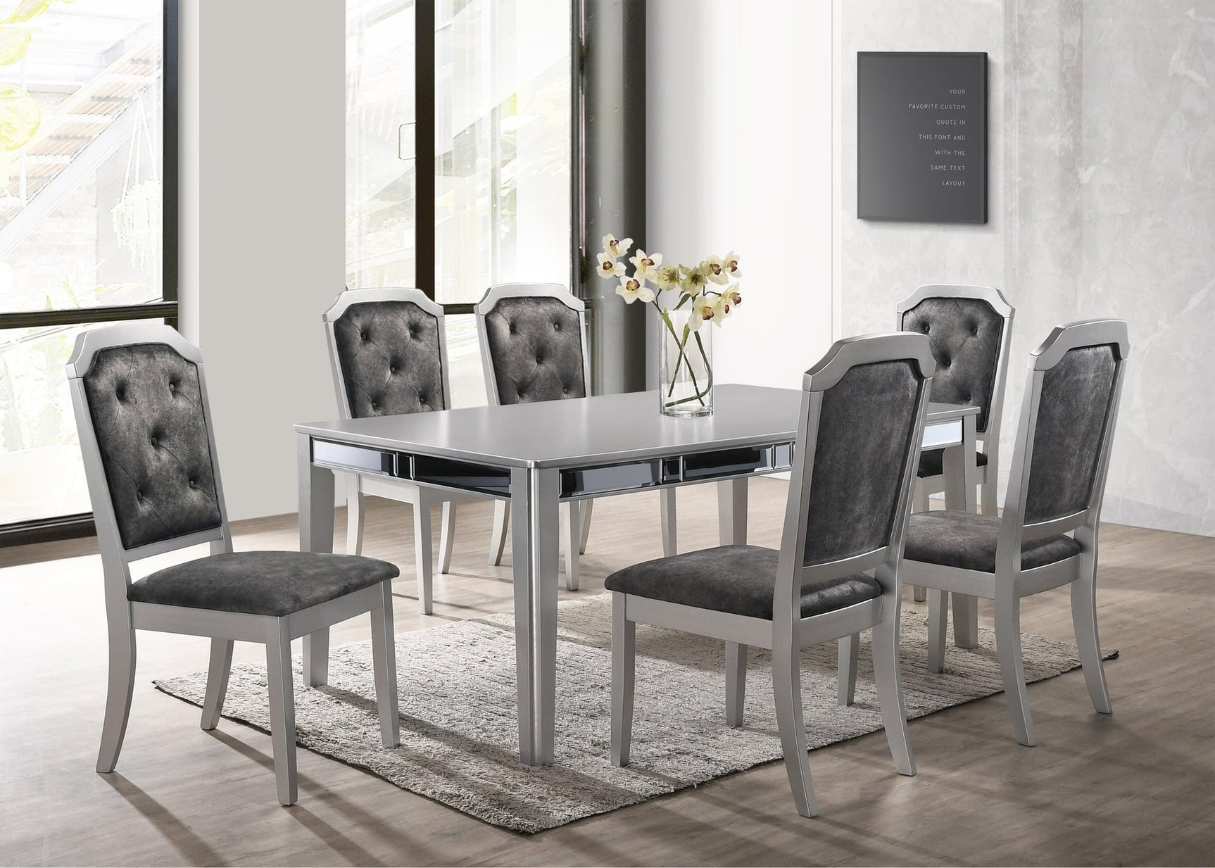 Travis Silver Glamour Metallic Glass Dining Table + 6 Chair Dining Set - Ella Furniture