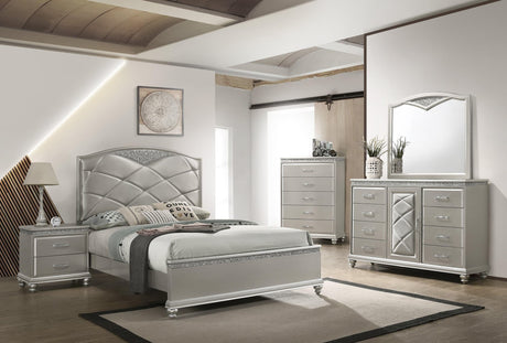 Valiant Champagne Silver Finish Modern Faux Leather Upholstered Tufted Panel Bedroom Set - Ella Furniture