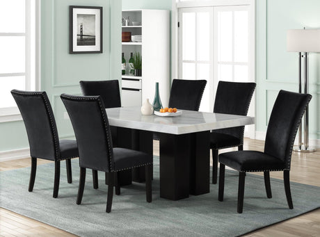 Deinppa Black Contemporary Industrial Wood Faux Marble Velvet Dining Table + 6 Chair Set - Ella Furniture