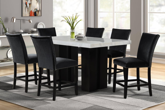 Stockholm Black Contemporary Industrial Wood Faux Marble Velvet Counter Height Dining Table + 6 Chair Set - Ella Furniture