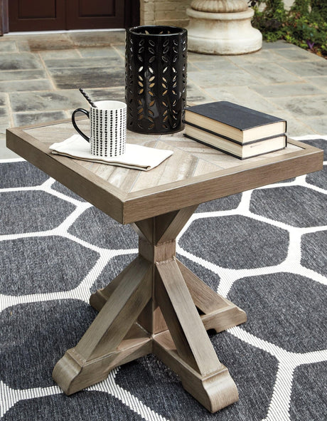 Beachcroft Beige Outdoor End Table front view with porcelain top