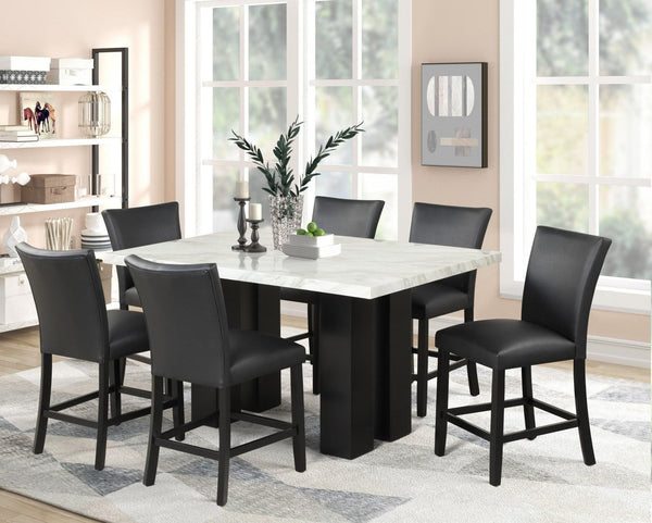 Stockholm Blue Contemporary Industrial Wood Faux Marble Faux Leather Pu Counter Height Dining Table + 6 Chair Set - Ella Furniture