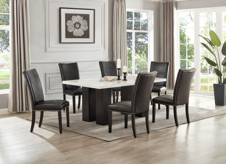 Finland Black Pu Parsons Faux Leather Solid Manufactured Wood Genuine Marble Dining Table & 6-Chairs - Ella Furniture