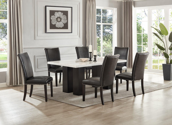 Finland Black Pu Parsons Faux Leather Solid Manufactured Wood Genuine Marble Dining Table & 6-Chairs - Ella Furniture