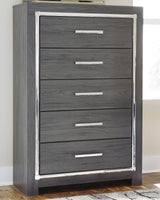 Lodanna Gray 5-Drawer Chest front view in gray laminate finish