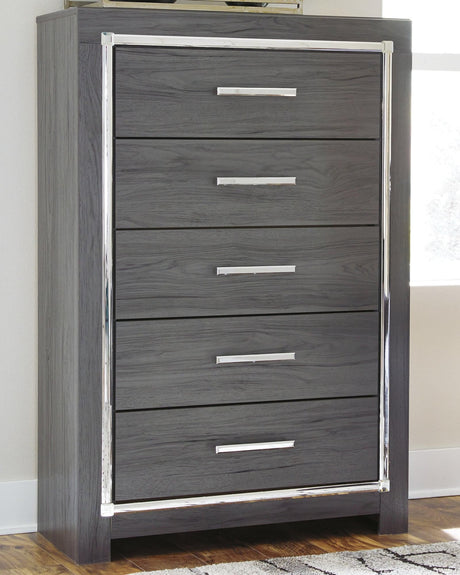 Lodanna Gray 5-Drawer Chest front view in gray laminate finish