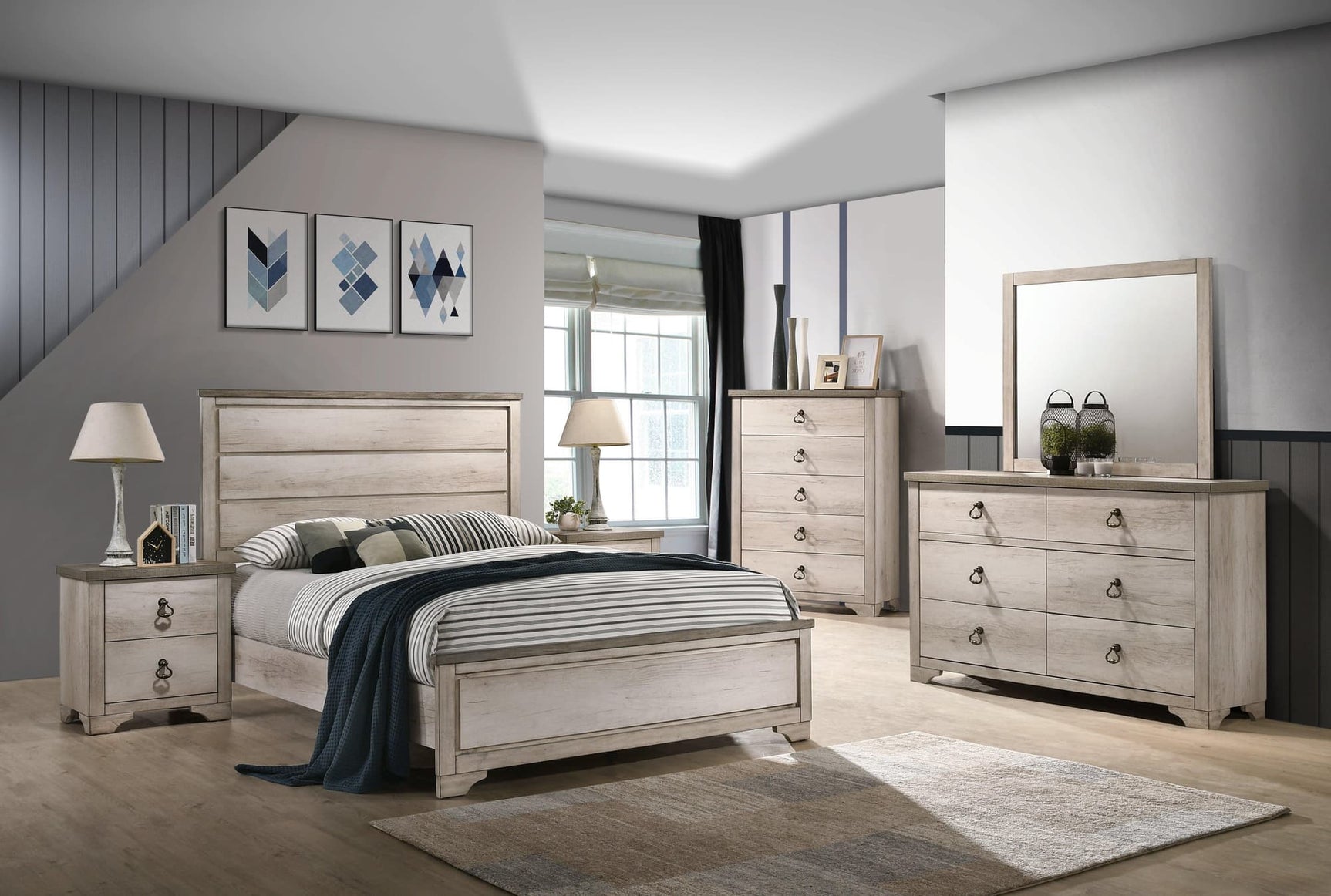 Patterson Driftwood Finish Solid Pine Wood Modern Rustic And Charm Panel Bedroom Set - Ella Furniture