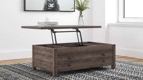 Arlenbry Gray Modern Contemporary Metal And Solid Wood Lift Top Rectangular Cocktail Table with Storage - Ella Furniture