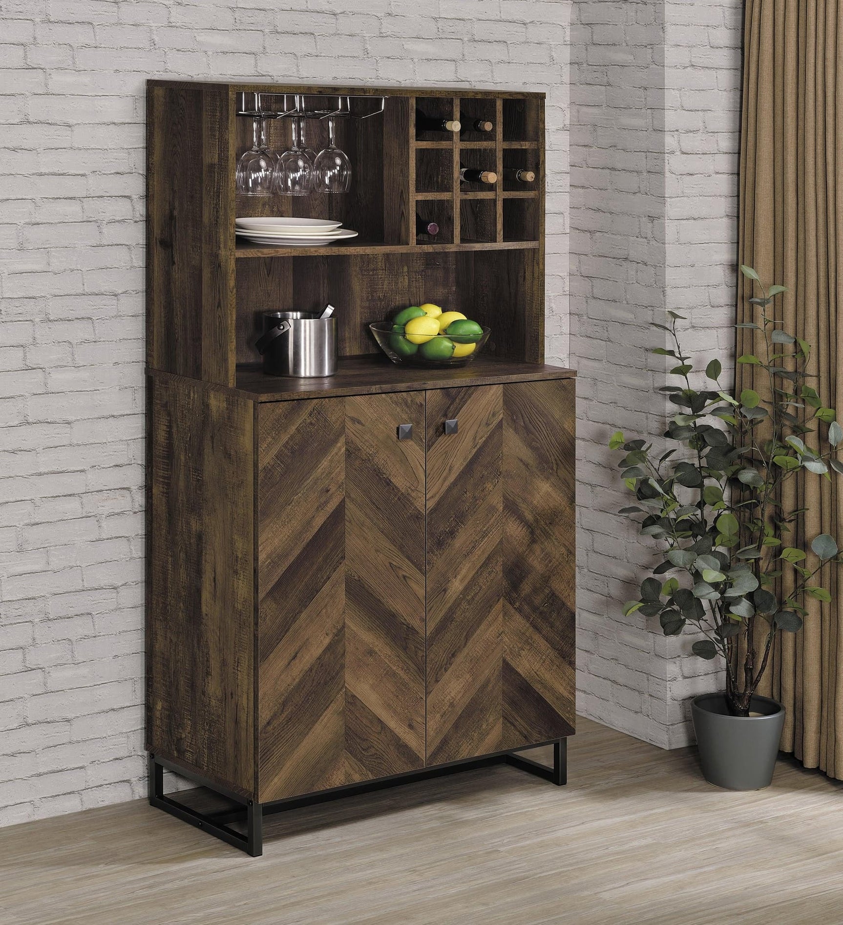 Mendoza 2-Door Wine Cabinet Rustic Oak Herringbone And Gunmetal - Ella Furniture