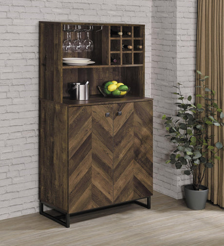 Mendoza 2-Door Wine Cabinet Rustic Oak Herringbone And Gunmetal - Ella Furniture