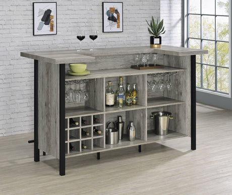 Bellemore Bar Unit With Footrest Grey Driftwood And Black - Ella Furniture