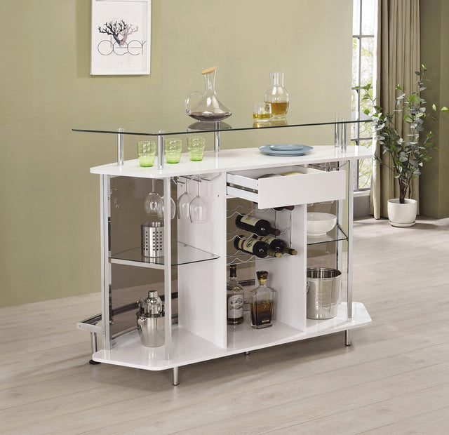 Gideon Crescent Shaped Glass Top Bar Unit With Drawer - Ella Furniture