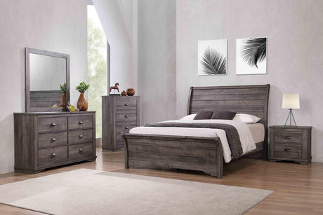 Coralee Gray Sleek And Modern Driftwood Upholstered Sleigh Bedroom Set - Ella Furniture