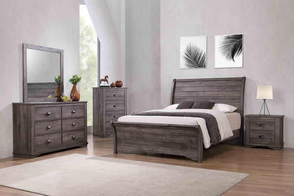 Coralee Gray Sleek And Modern Driftwood Upholstered Sleigh Bedroom Set - Ella Furniture