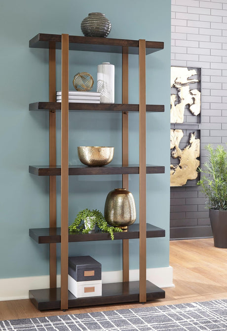Beckville Gold Finish/Brown Modern Contemporary Solid Wood And Veneers 5 Shelves Bookcase - Ella Furniture