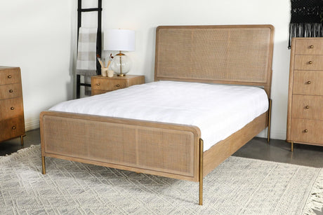Arini Upholstered Eastern King Panel Bed Sand Wash And Natural Cane - Ella Furniture