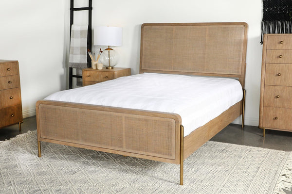 Arini Upholstered Eastern King Panel Bed Sand Wash And Natural Cane - Ella Furniture