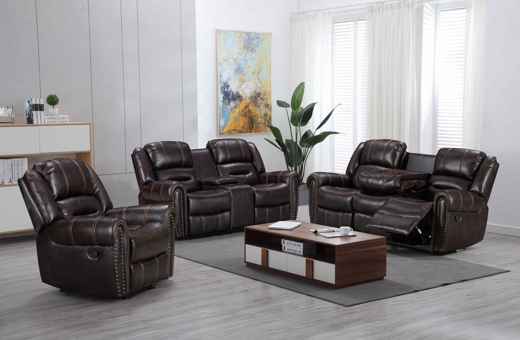 Lexington2023 Brown Modern Contemporary Faux Leather Gel 3Pc Reclining Living Room - Ella Furniture