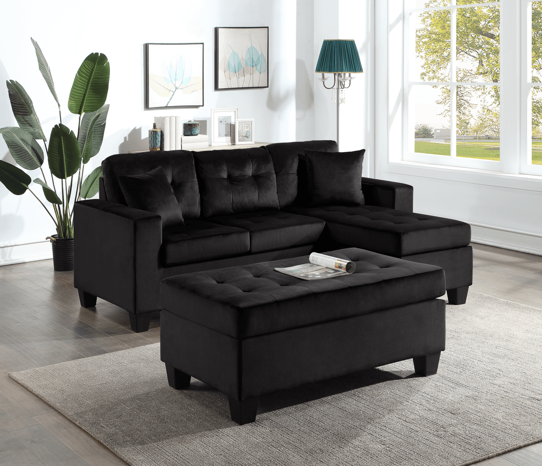 Naomi Black Modern Sturdy Wood Velvet Tufted Reversible Sectional & Ottoman Set - Ella Furniture