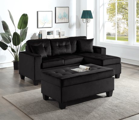 Naomi Black Modern Sturdy Wood Velvet Tufted Reversible Sectional & Ottoman Set - Ella Furniture