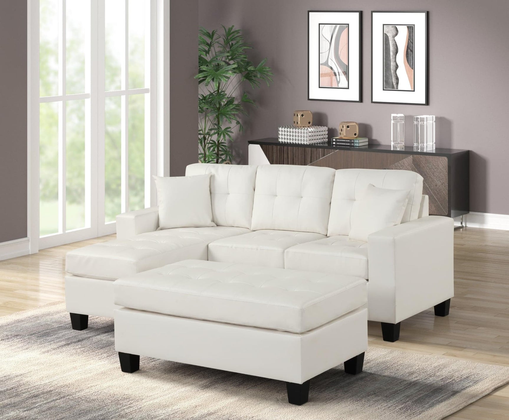 Naomi White Pu Modern Sturdy Wood Faux Leather Tufted Reversible Sectional & Ottoman - Ella Furniture