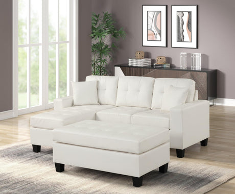 Naomi White Pu Modern Sturdy Wood Faux Leather Tufted Reversible Sectional & Ottoman - Ella Furniture