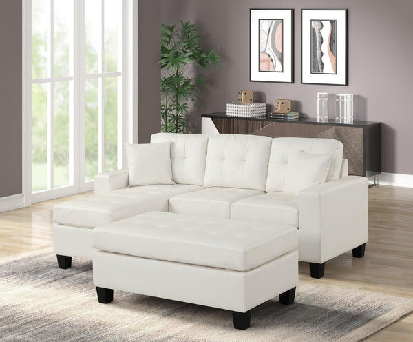 Naomi White Pu Modern Sturdy Wood Faux Leather Tufted Reversible Sectional & Ottoman - Ella Furniture