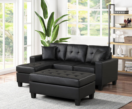 Naomi Black Pu Modern Sturdy Wood Faux Leather Tufted Reversible Sectional & Ottoman - Ella Furniture