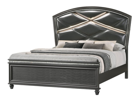 Adira Gray Finish Modern And Contemporary Wood King LED Faux Leather Upholstered Panel Bed - Ella Furniture