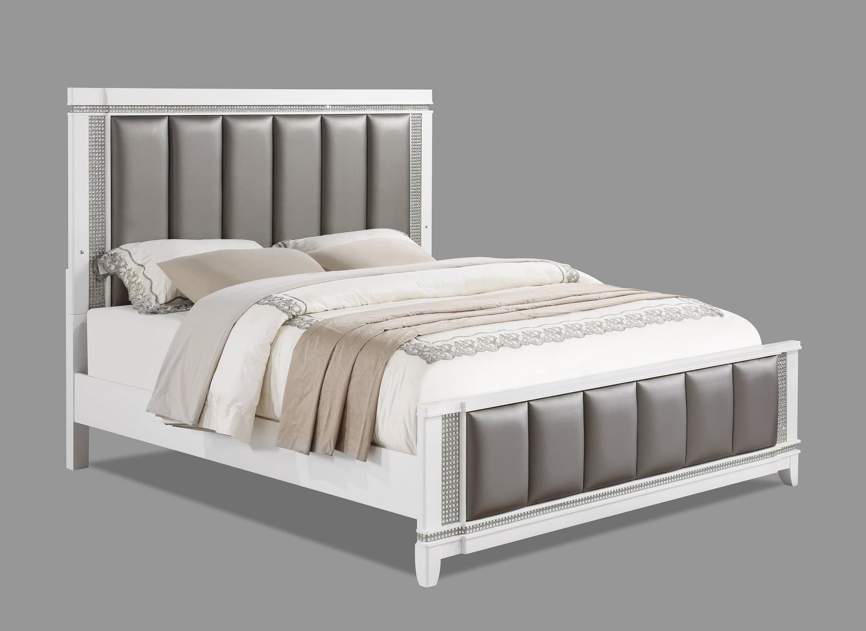 Ariane Silver Finish Solid Hardwood Faux Leather Upholstered King Panel Bed - Ella Furniture