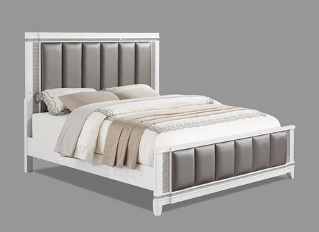 Ariane Silver Finish Solid Hardwood Faux Leather Upholstered King Panel Bed - Ella Furniture