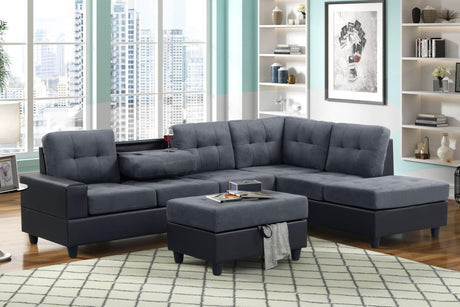 Pu8-heights Gray Modern Contemporary Velvet Tufted Reversible Sectional + Storage Ottoman Set - Ella Furniture