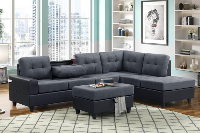 Pu8-heights Gray Modern Contemporary Velvet Tufted Reversible Sectional + Storage Ottoman Set - Ella Furniture