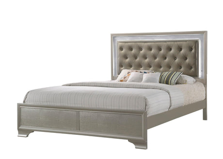Lyssa Champagne Classic And Modern King LED Faux Leather Upholstered Tufted Panel Bed - Ella Furniture