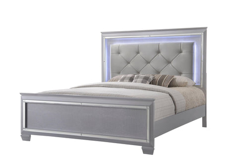 Lillian Silver Modern Sturdy Metal King LED Faux Leather Upholestered Tufted Bed - Ella Furniture