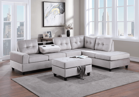 21Heights Silver Modern Contemporary Velvet Tufted Reversible Sectional + Storage Ottoman Set - Ella Furniture