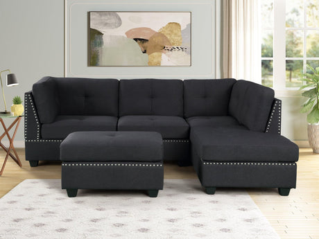 Sienna22 Black Modern Contemporary Fabric Tufted Linen Sectional + Ottoman Set - Ella Furniture
