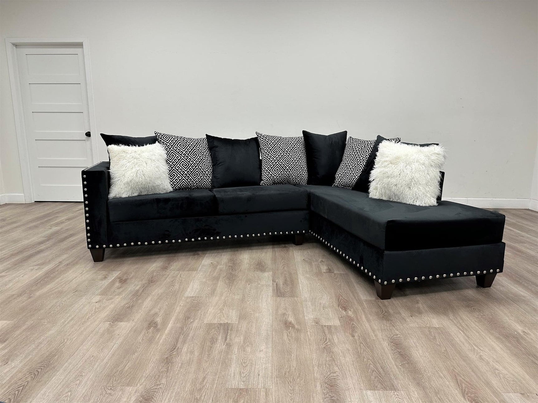 Santos Black Modern Contemporary Solid Wood Velvet Suede Sectional - Ella Furniture