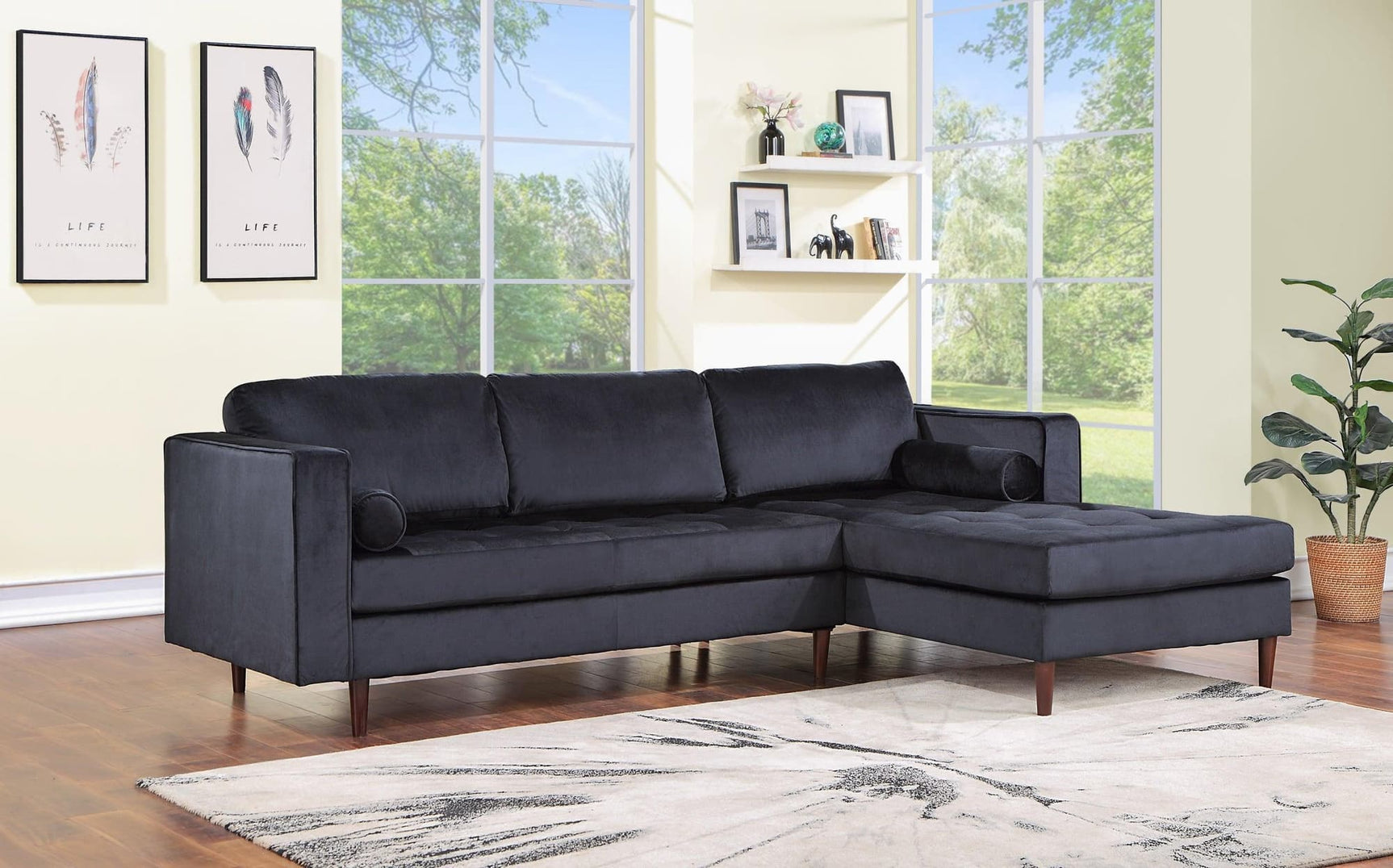 Roxy Black Modern Contemporary Solid Wood Velvet Sectional - Ella Furniture